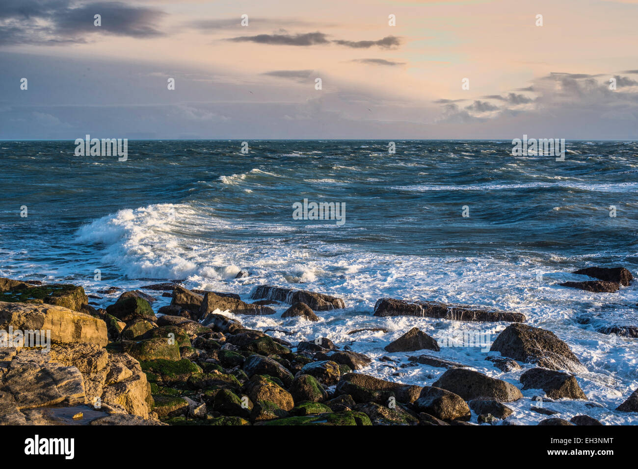 Una linea di onde si infrangono al largo di Portland Foto Stock