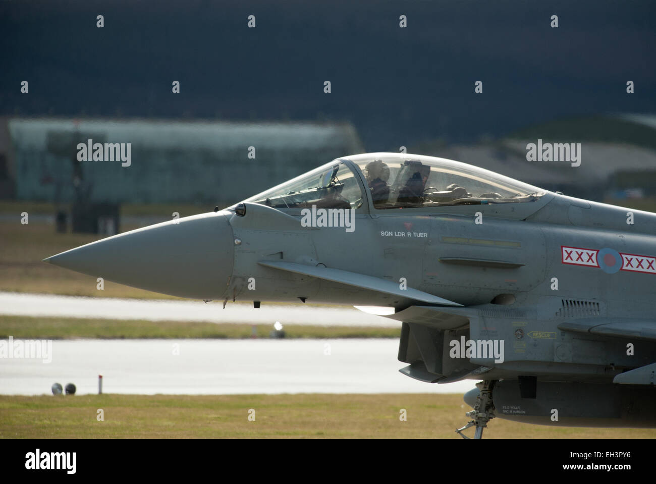 Sedile unico FRG4 Eurofighter Typhoon RAF Jet militare di aeromobili, Lossiemouth Air Base, Moray . La Scozia. SCO 9622. Foto Stock