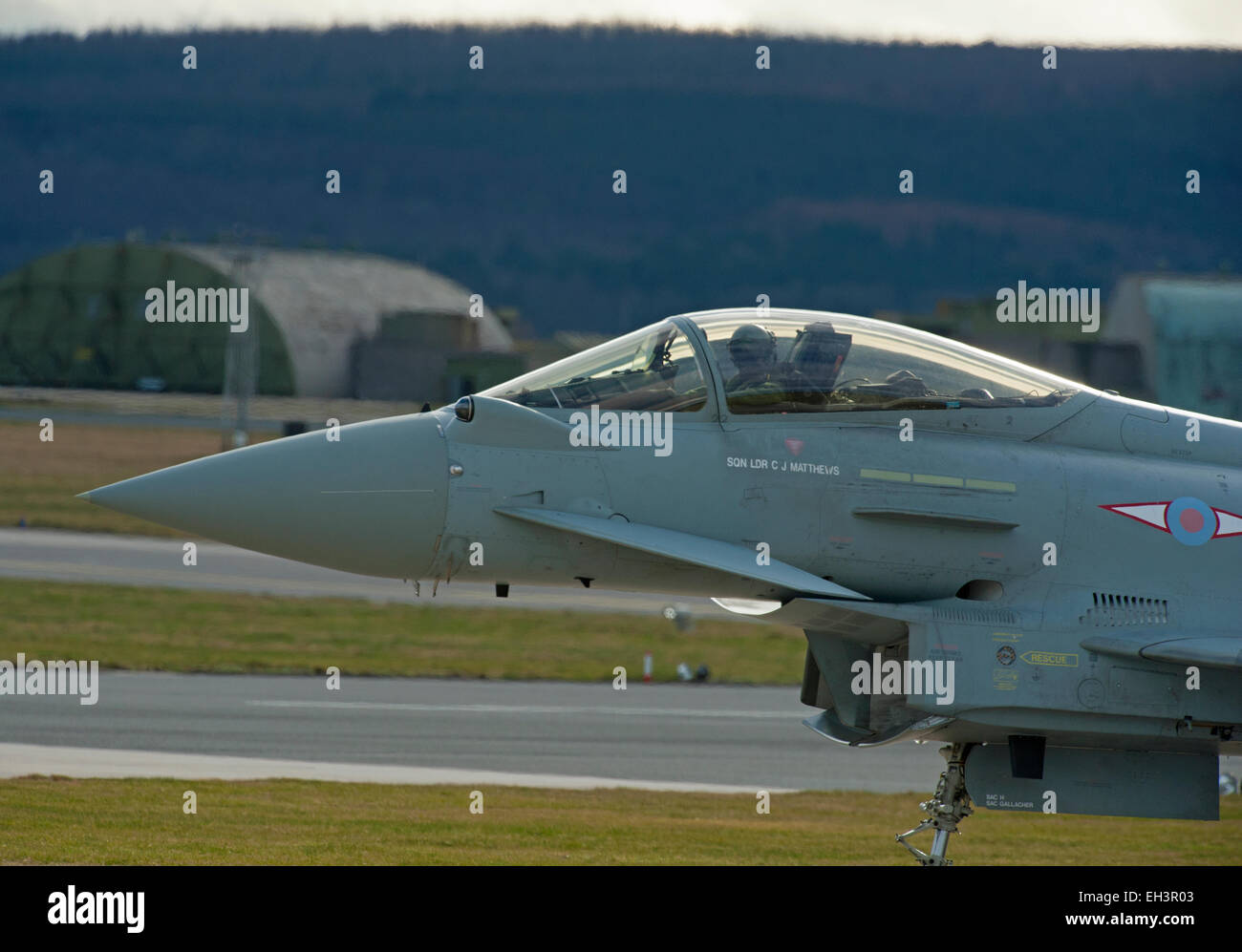 Sedile unico FRG4 Eurofighter Typhoon RAF Jet militare di aeromobili, Lossiemouth Air Base, Moray . La Scozia. SCO 9625. Foto Stock