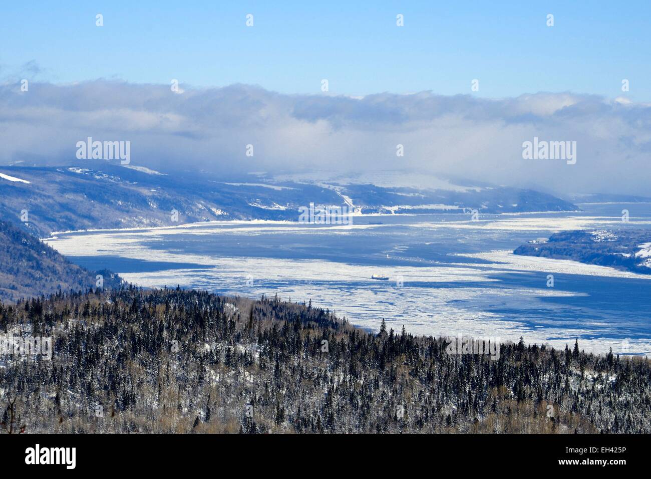 Canada, Québec provincia, regione di Charlevoix, Petite Riviere Saint Francois, Saint Laurent fiume visto dalle piste da sci del massiccio di Charlevoix Foto Stock
