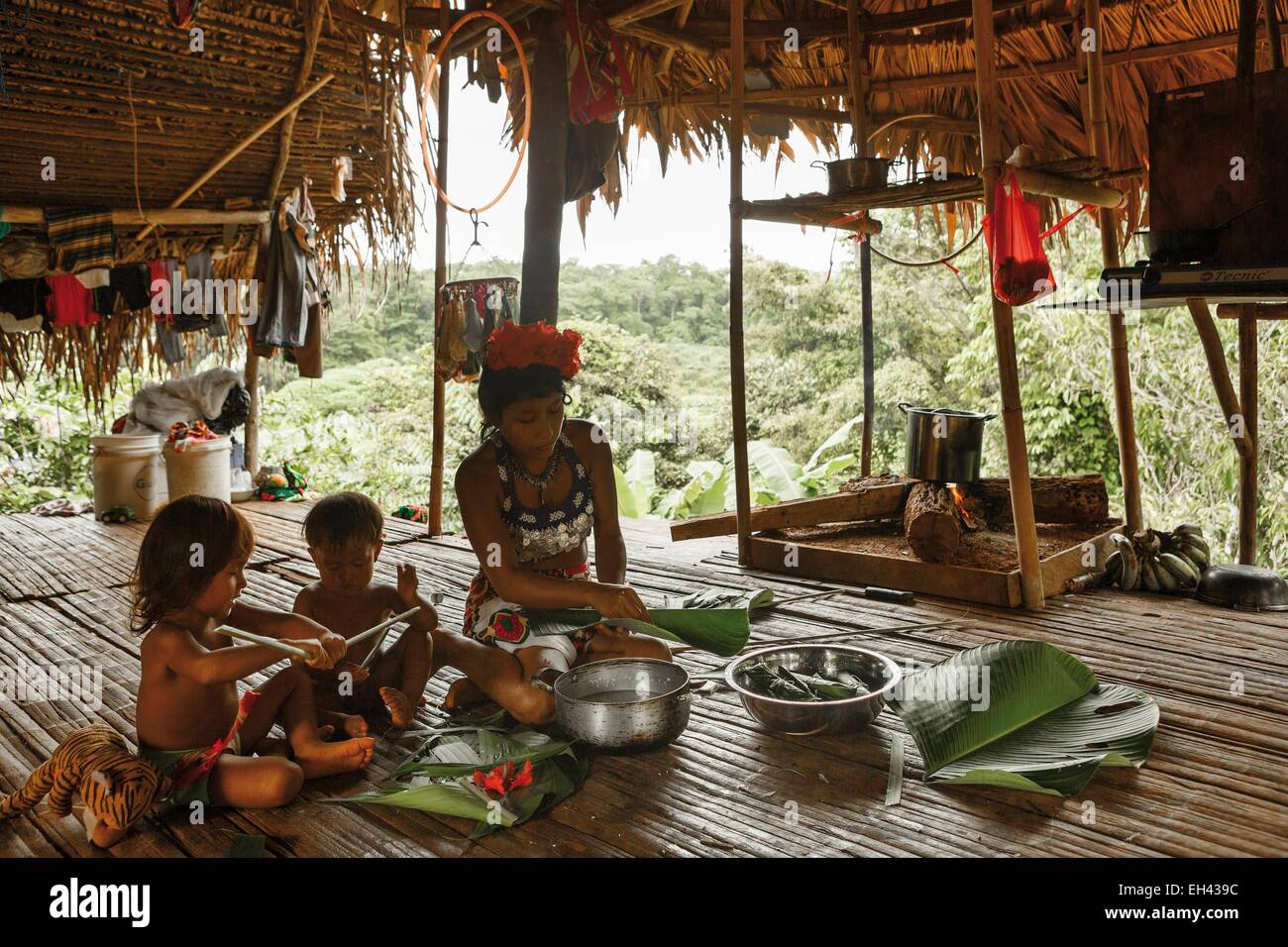 Panama, provincia di Darien, Parco Nazionale del Darién, classificato come patrimonio mondiale dall UNESCO, Embera comunità indigena, ritratto di un Embera famiglia indigena nella loro casa Foto Stock