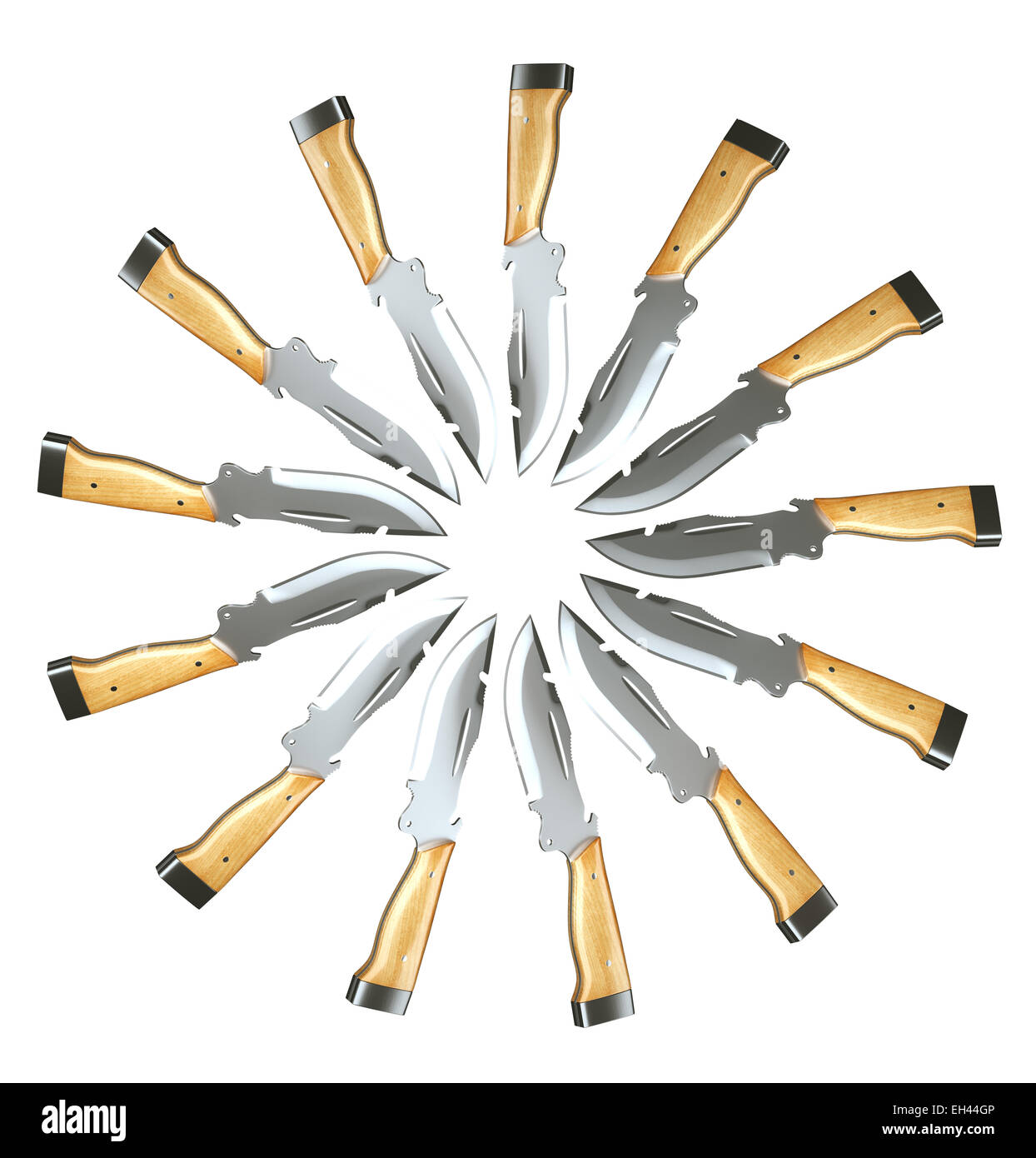 Set di coltelli da caccia nella forma di cerchio isolato su bianco Foto Stock