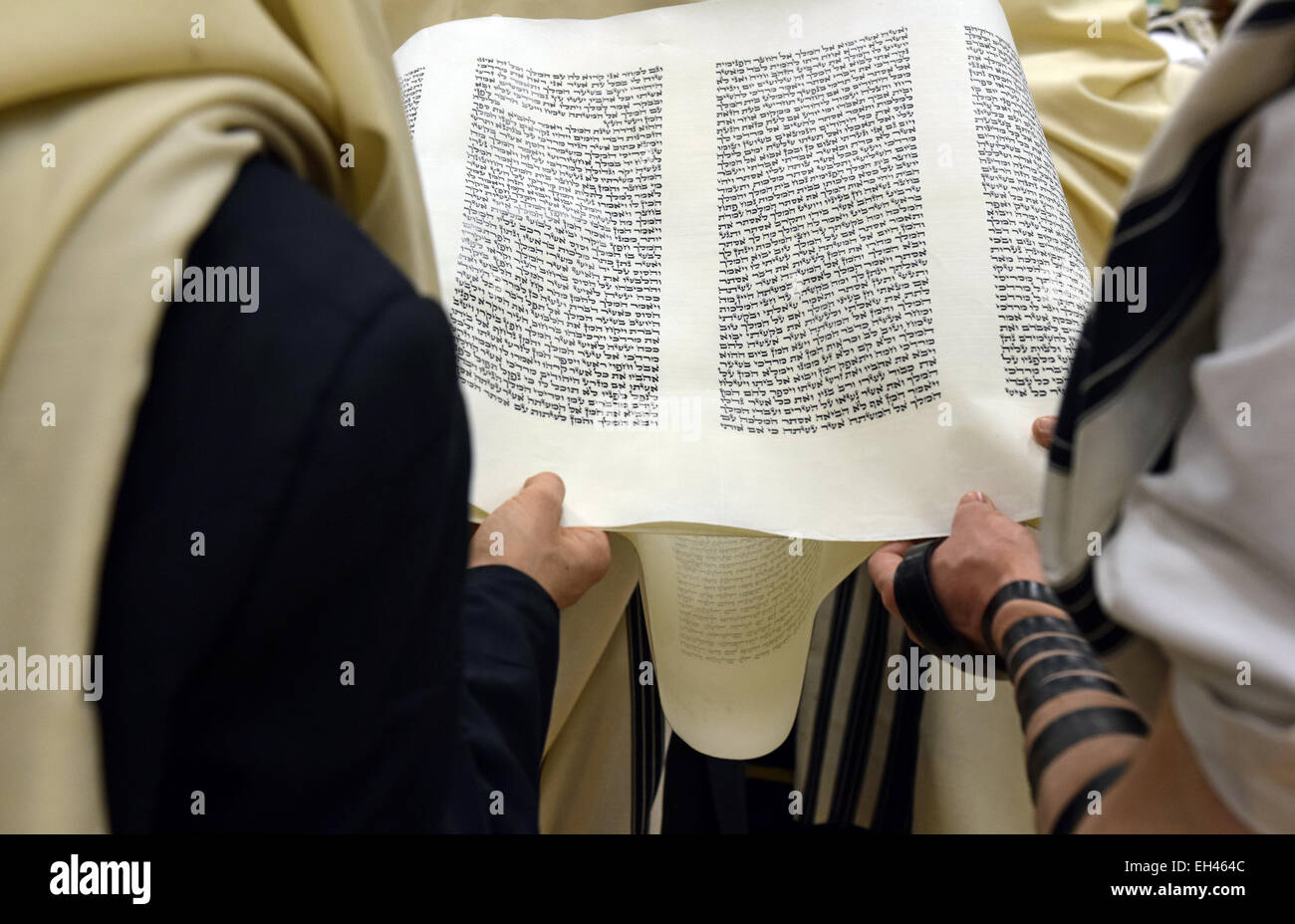 Religiosa ebraica uomini di lettura da Megillah durante la festa di Purim servizi in Crown Heights, Brooklyn, New York Foto Stock