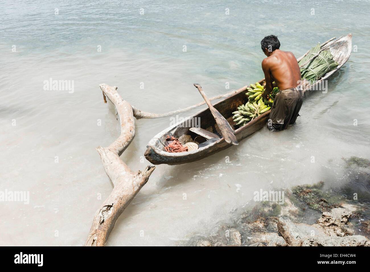 Panama, San Blas arcipelago, Kuna Yala, Kune comunità indigena, pescatore della tribù Kuna nella sua barca che porta i frutti del suo raccolto Foto Stock