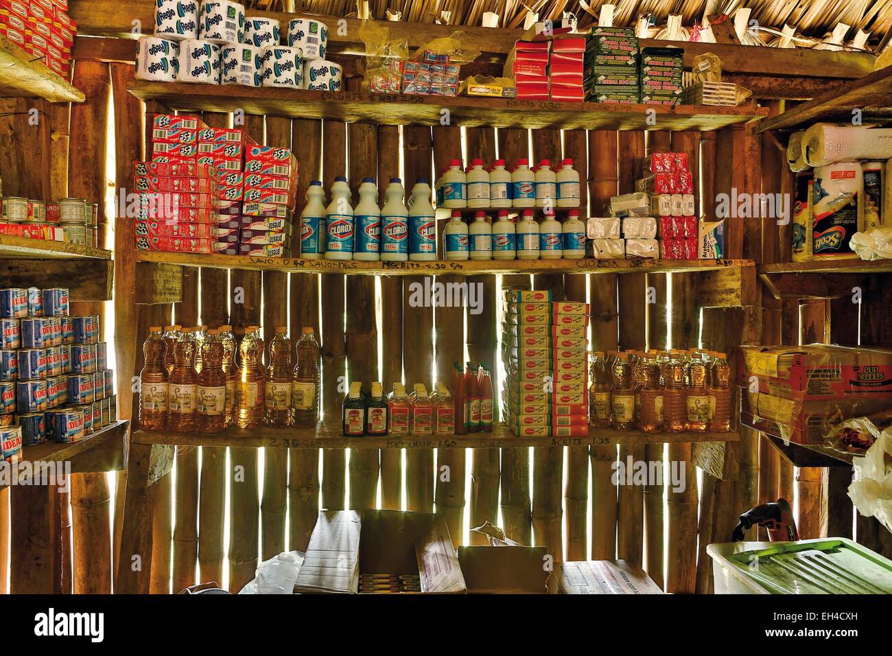 Panama, provincia di Darien, Parco Nazionale del Darién, classificato come patrimonio mondiale dall UNESCO, Embera comunità indigena, riserva alimentare una famiglia Embera Foto Stock