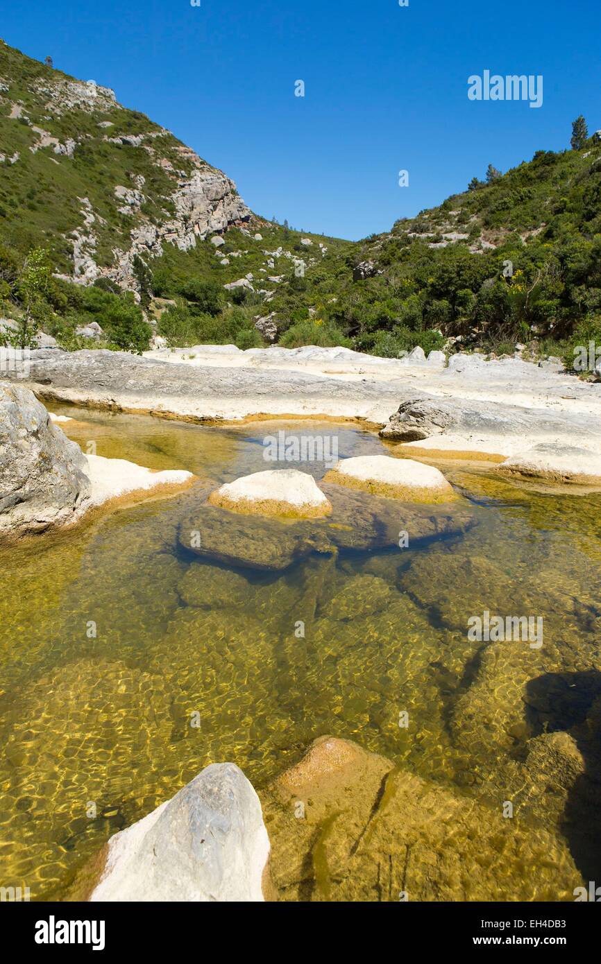 Francia, Aude, tra Camplong d'Aude e Montlaur, il flusso di metalline corre in Gorges du CongouSaint drenaggio di acqua dal rilievo di calcare del Alarico montagne Foto Stock