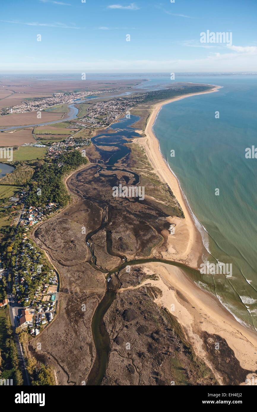 Francia, Vendee, La Faute sur Mer, la Casse de la Belle Henriette riserva naturale e la Pointe d'Arcay (vista aerea) Foto Stock