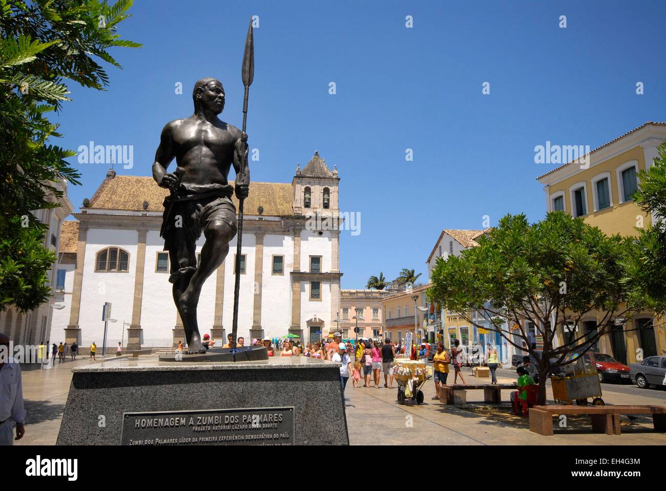 Il Brasile, Bahia, a Salvador de Bahia, centro storico sono classificati come patrimonio mondiale dall' UNESCO, quartiere Pelourinho, Praca da sé, memorial omaggio a Zumbi che era uno dei più importanti signori della guerra regno autonomo di Palmares, fondata nel XVII secolo Foto Stock