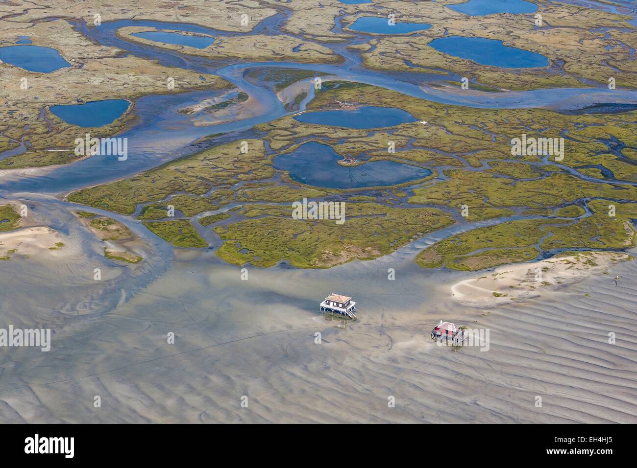 Francia, Gironde, Arcachon, case in legno su palafitte vicino a L'Ile aux Oiseaux (vista aerea)) Foto Stock