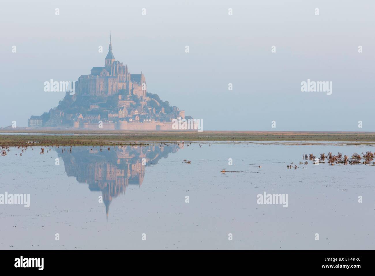 Francia, Manche, baia di Mont Saint Michel, classificato come patrimonio mondiale dall UNESCO, Mont Saint Michel a marea alta Foto Stock