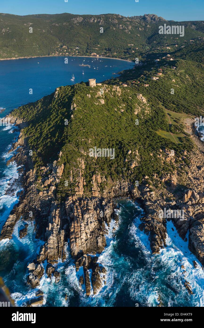Francia, Corse du sud, sud di Propriano, Campomoro pointe, torre di Campomoro (vista aerea) Foto Stock