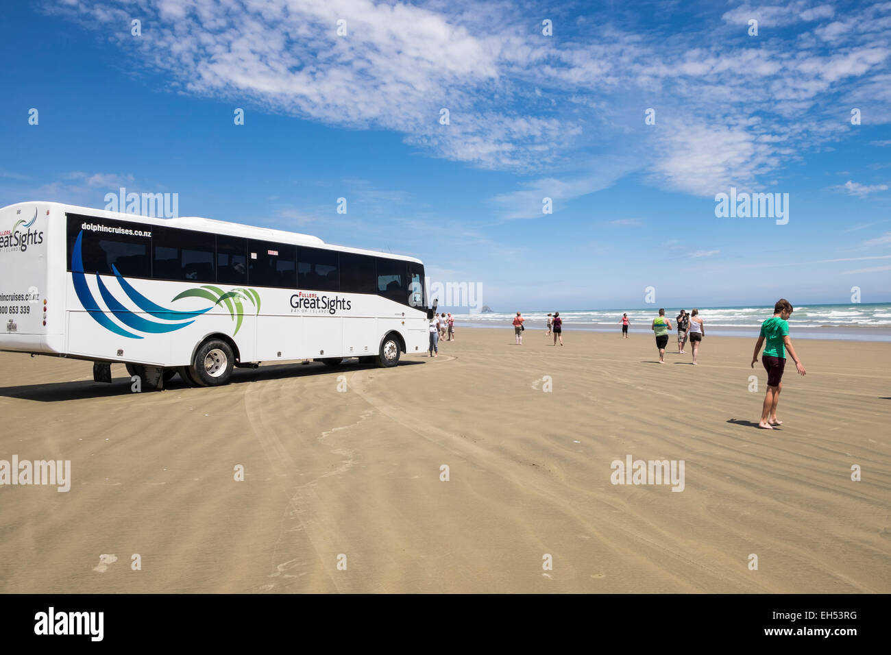 Viaggio in pullman su a 90 miglia di spiaggia e dune a Northland e Nuova Zelanda Foto Stock