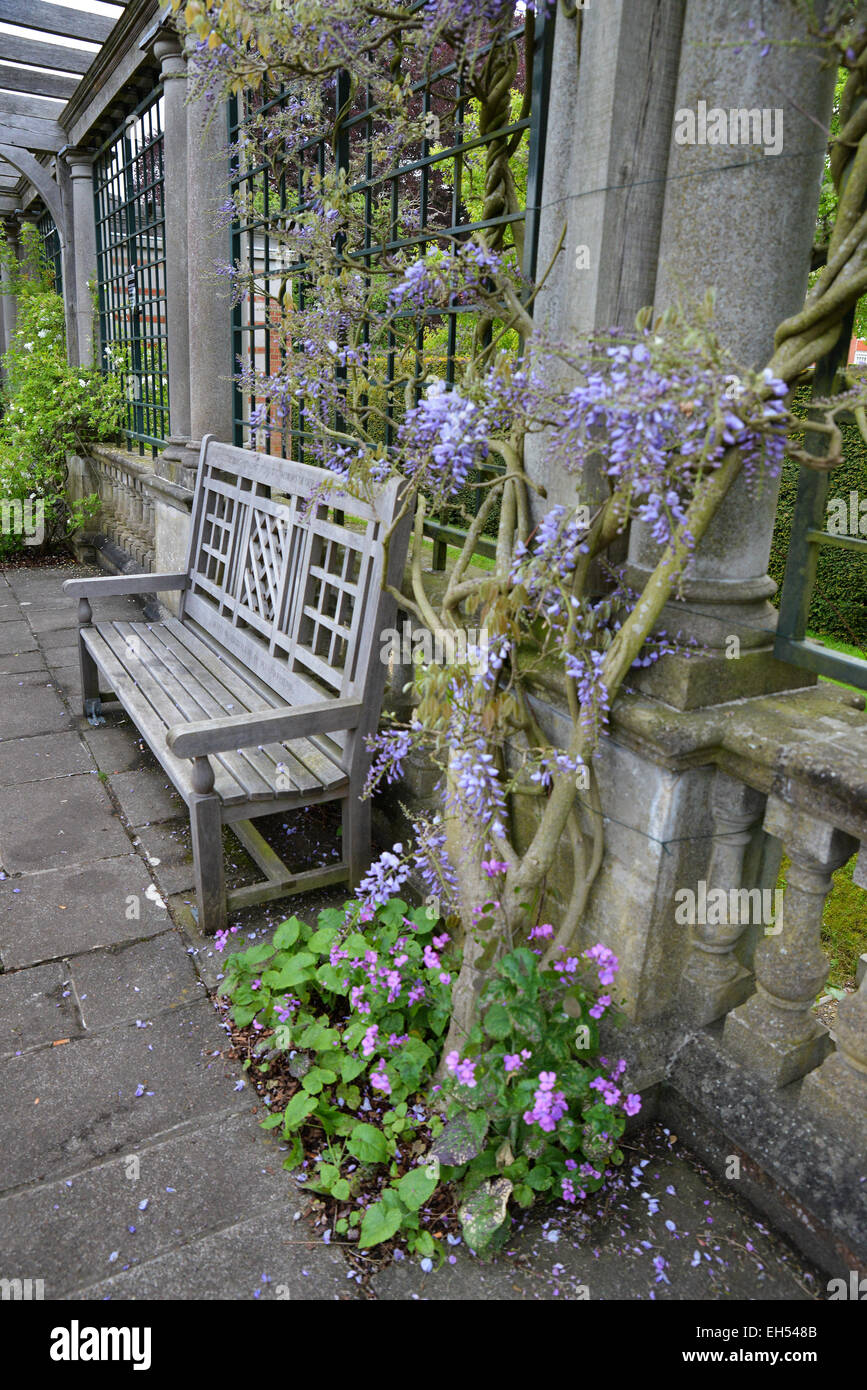 Prato sedia vicino al letto di fiori Foto Stock
