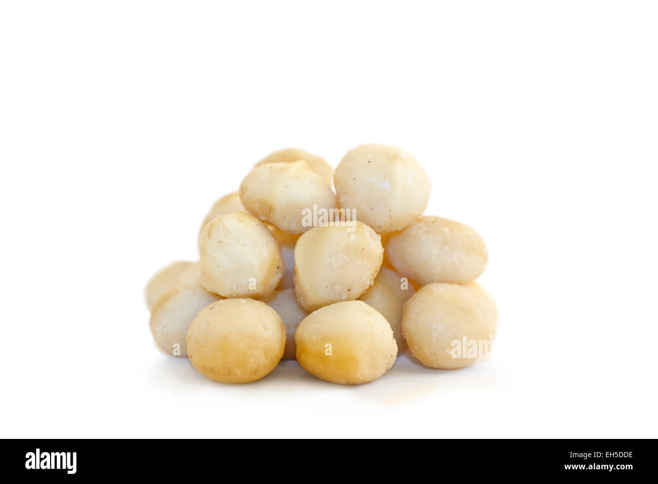 Un mucchio di noci di macadamia su sfondo bianco. Foto Stock