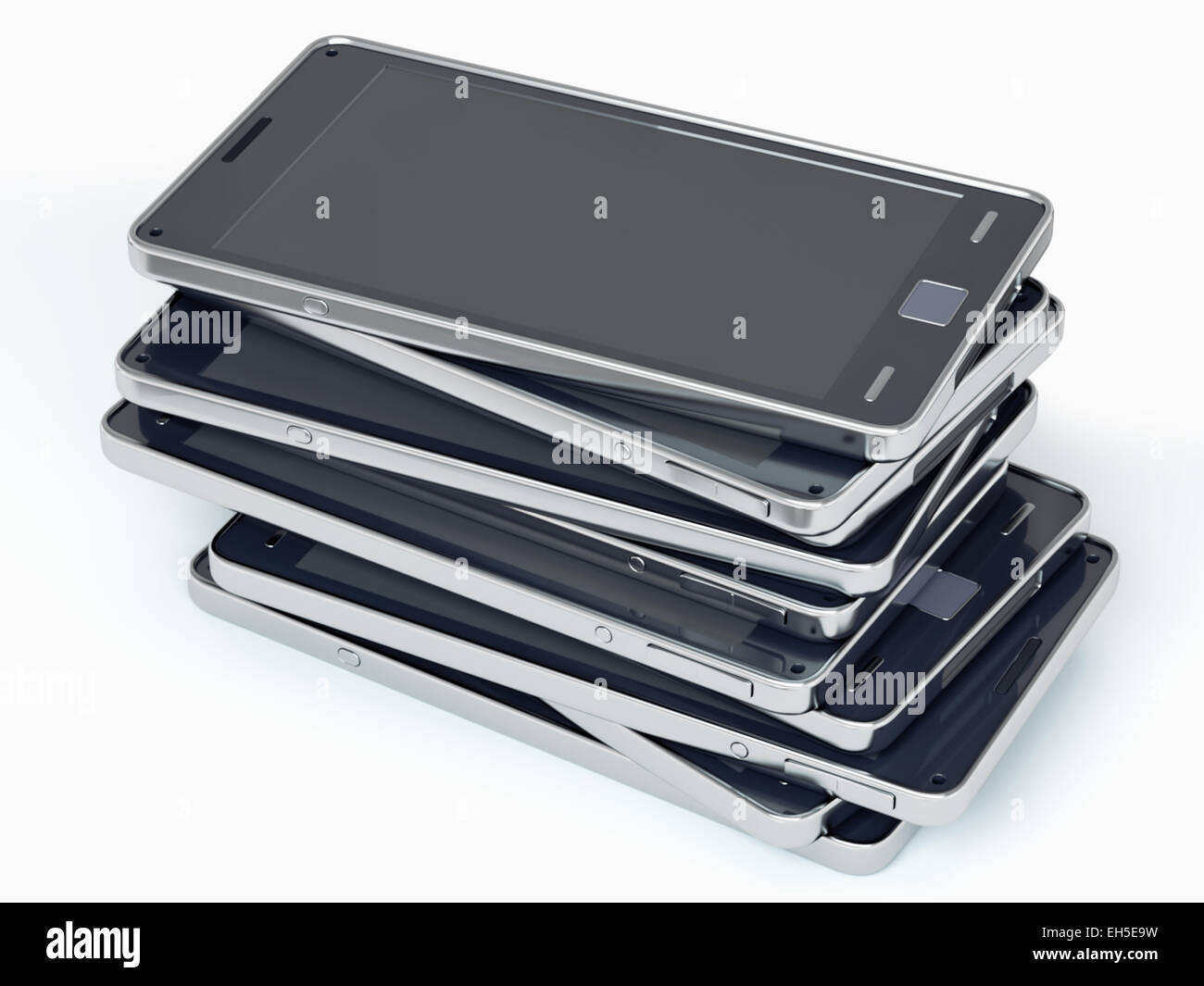 Cumulo di telefoni intelligenti su bianco. Rendering personalizzato Foto Stock