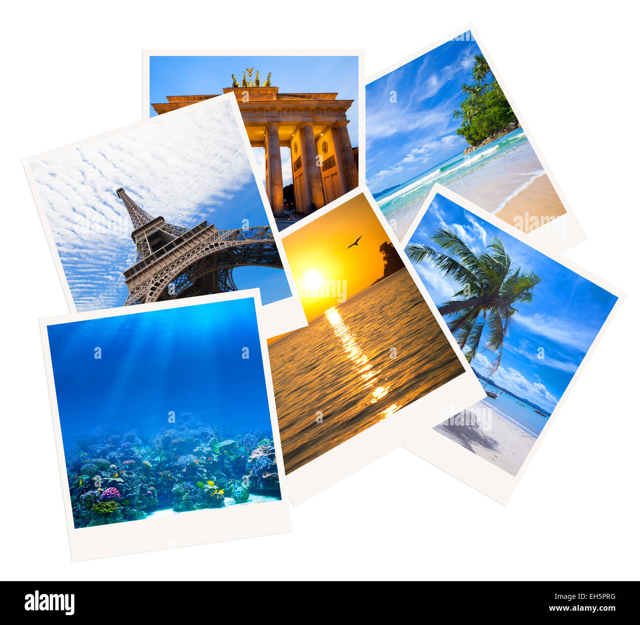 Vari viaggi photo collage isolati su sfondo bianco Foto Stock