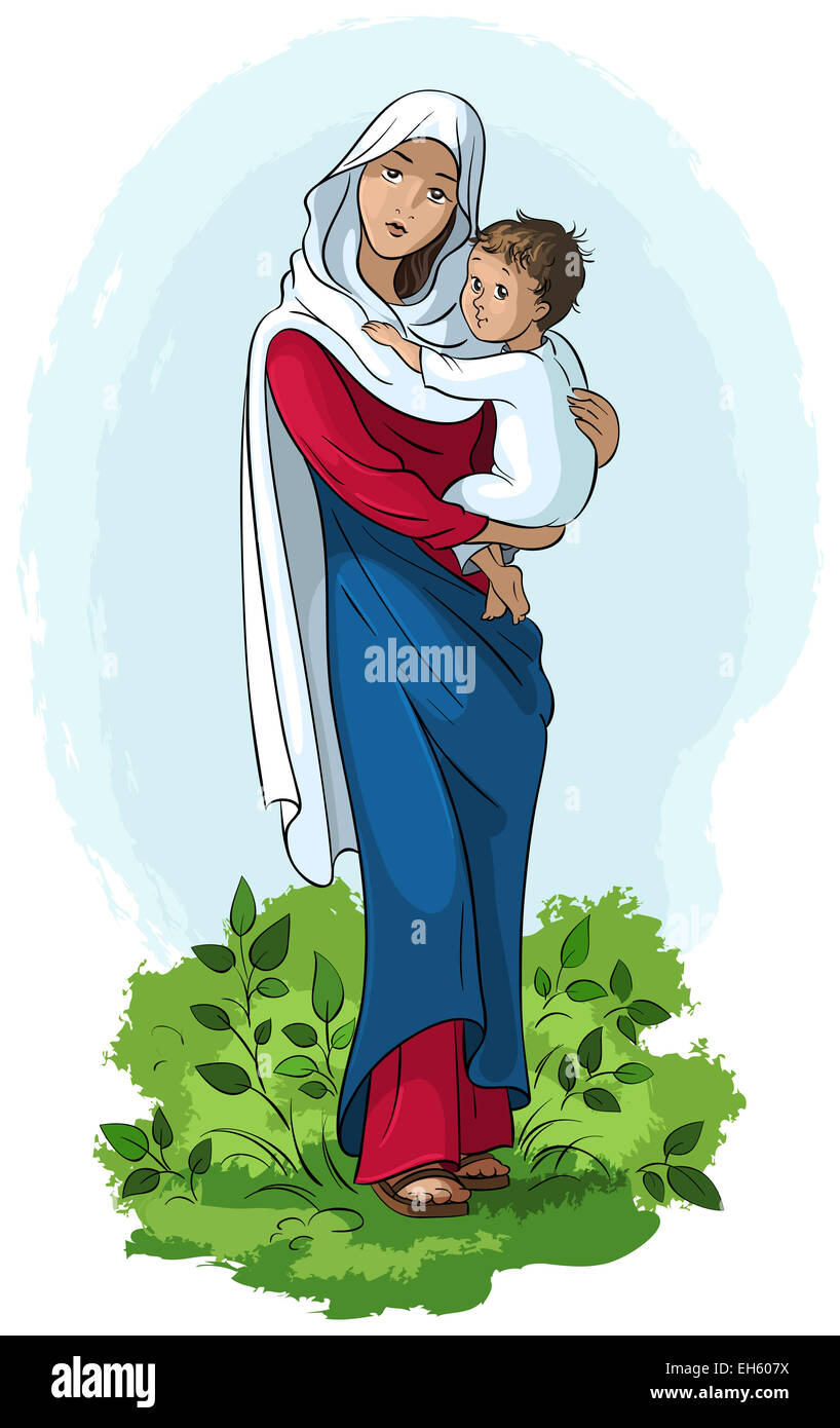 Madre Maria tenendo in braccio Gesù Bambino. Fumetto illustrazione cristiana Foto Stock