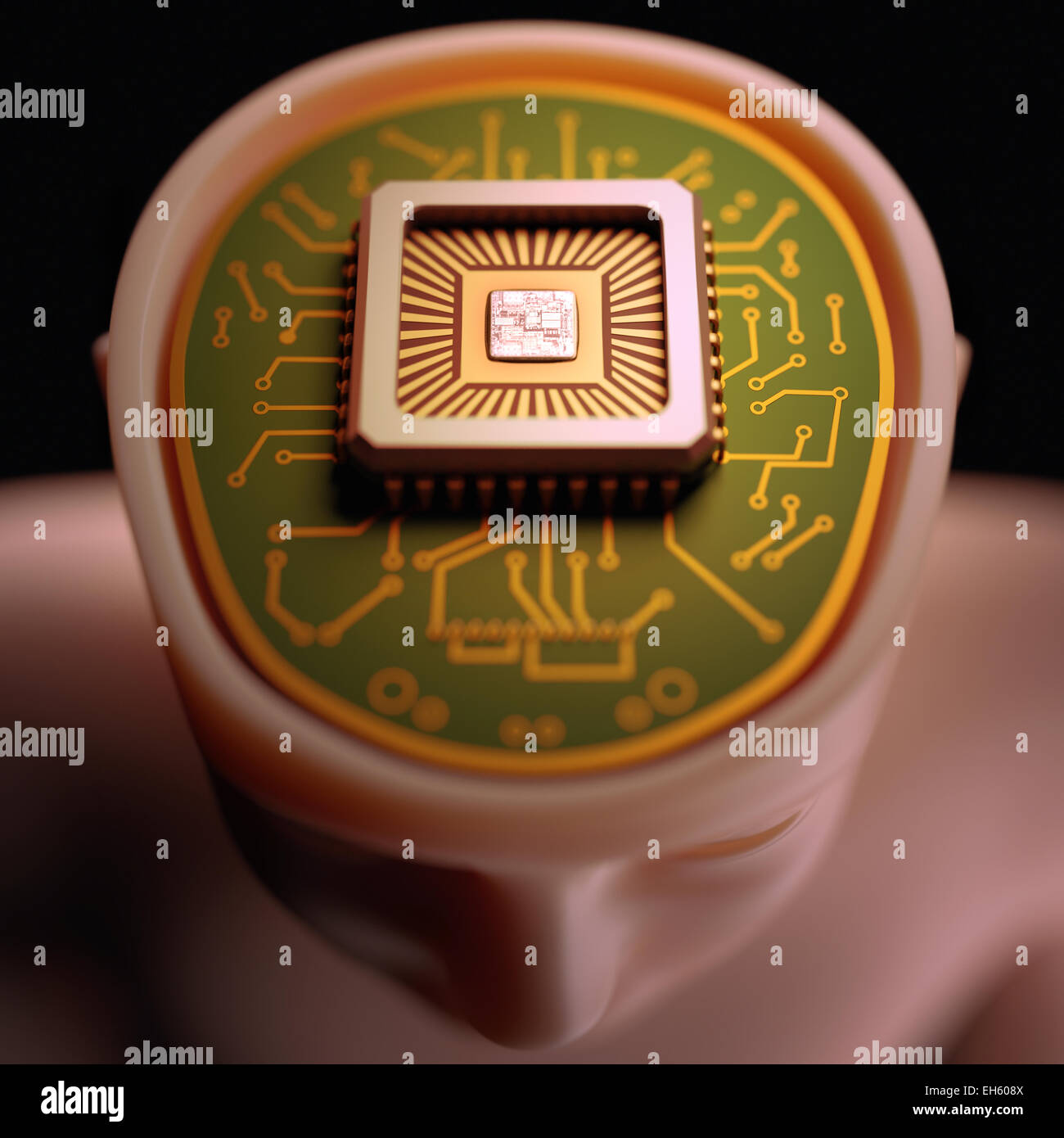 Microprocessore nella testa. Concetto di scienza e tecnologia. Foto Stock