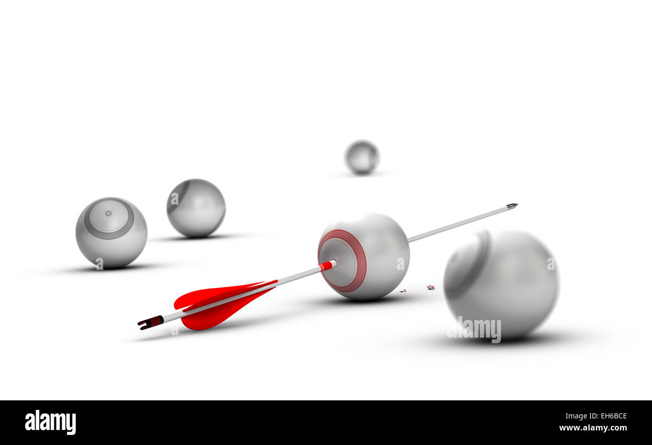 Concetto di immagine per immagine di impostazione degli obiettivi e il loro raggiungimento. Gli obiettivi di sfera su sfondo bianco con una freccia colpendo th Foto Stock