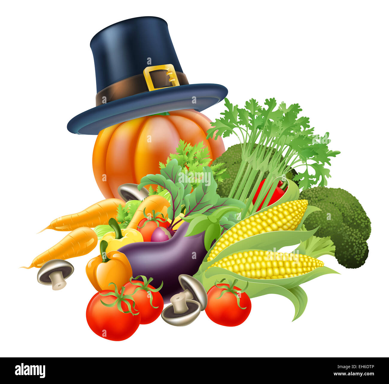 Un ringraziamento vegatables illustrazione di un mucchio di verdure e un ringraziamento zucca indossando un pellegrino o puritan topp piatta Foto Stock