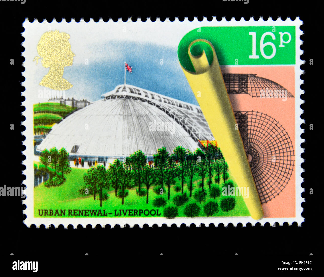 Francobollo. La Gran Bretagna. La regina Elisabetta II. 1984. Il rinnovamento urbano. Giardino Festival Hall, Liverpool. 16p. Foto Stock