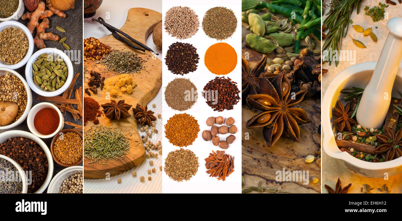 Una selezione di spezie usata per aromatizzare e condimento. Foto Stock