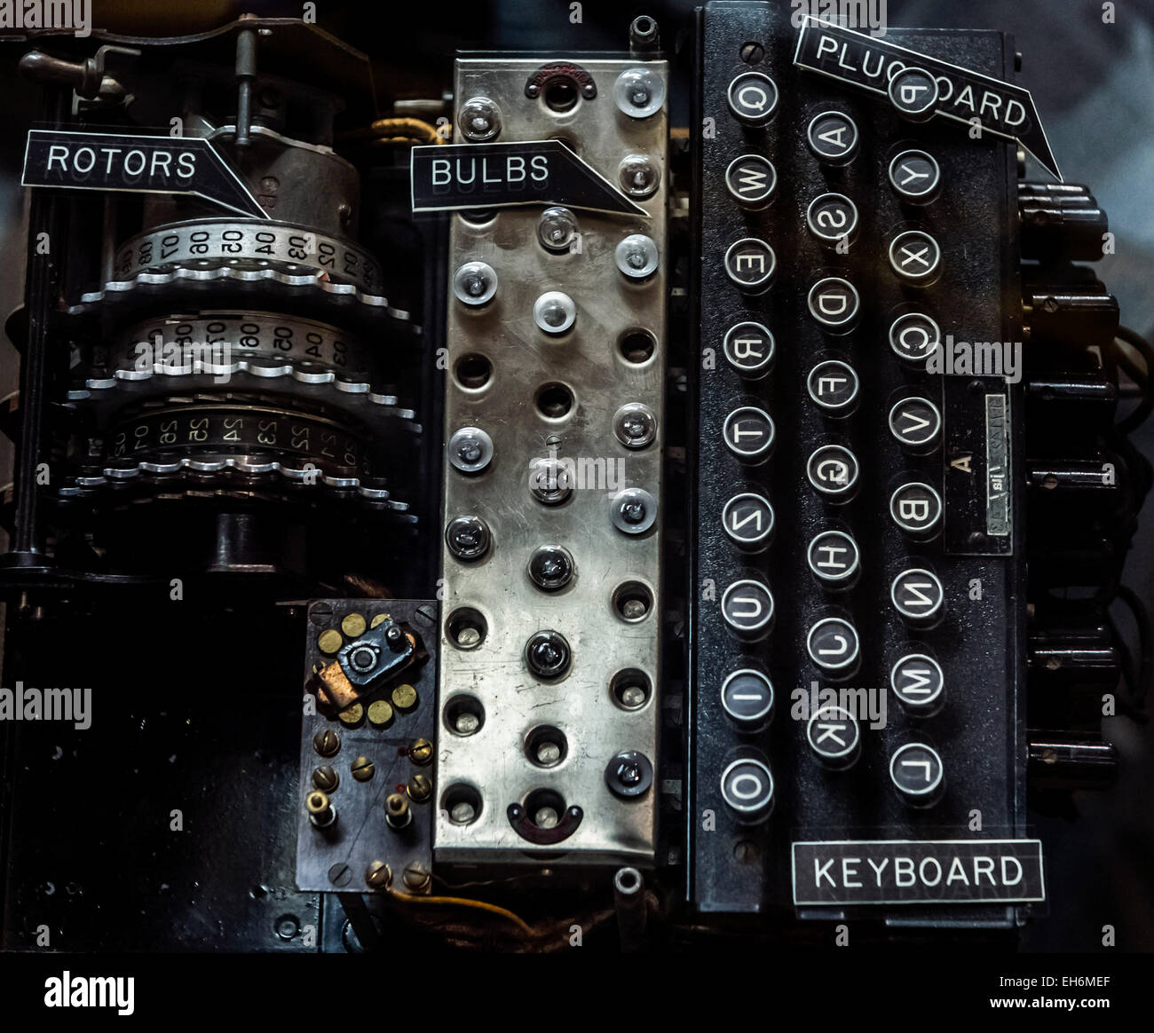 Annapolis Junction, Maryland, Stati Uniti d'America. 02Mar, 2015. La plugboard aggiunto ad una macchina Enigma è visualizzato al National Cryptologic Museum a Ft. George M. Meade, Maryland. Un braccio della National Security Agency, il museo ospita una collezione di migliaia di artefatti cryptology, inclusi numerosi tedesco macchine Enigma, che hanno occupato un posto preminente nel film "Il gioco di imitazione. © Brian Cahn/ZUMA filo/Alamy Live News Foto Stock