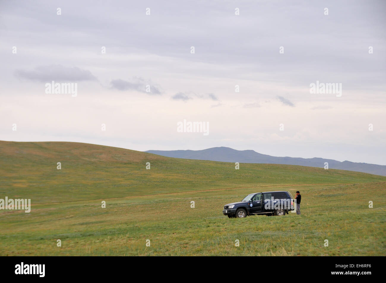 La guida verso Bayankhongor attraverso steppe erbose Foto Stock