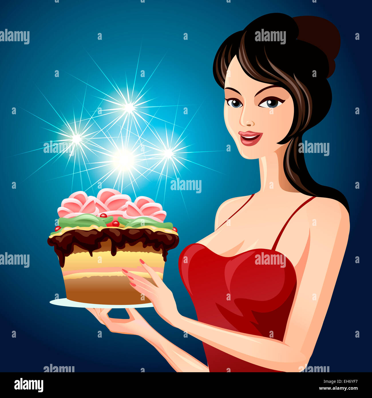 Illustrazione della ragazza giovane con la torta di festa nelle sue mani disegnato in stile cartoon Foto Stock