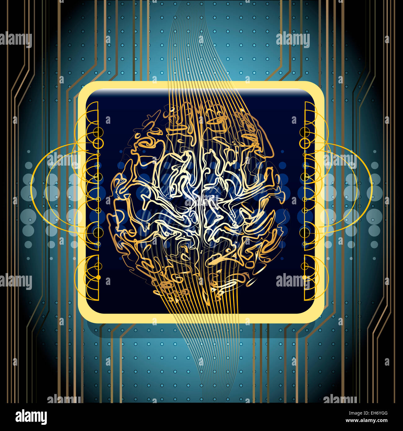 Illustrazione con unità centrale di elaborazione realizzata in forma di cervelli umani contro abstract sfondo tecnologico Foto Stock