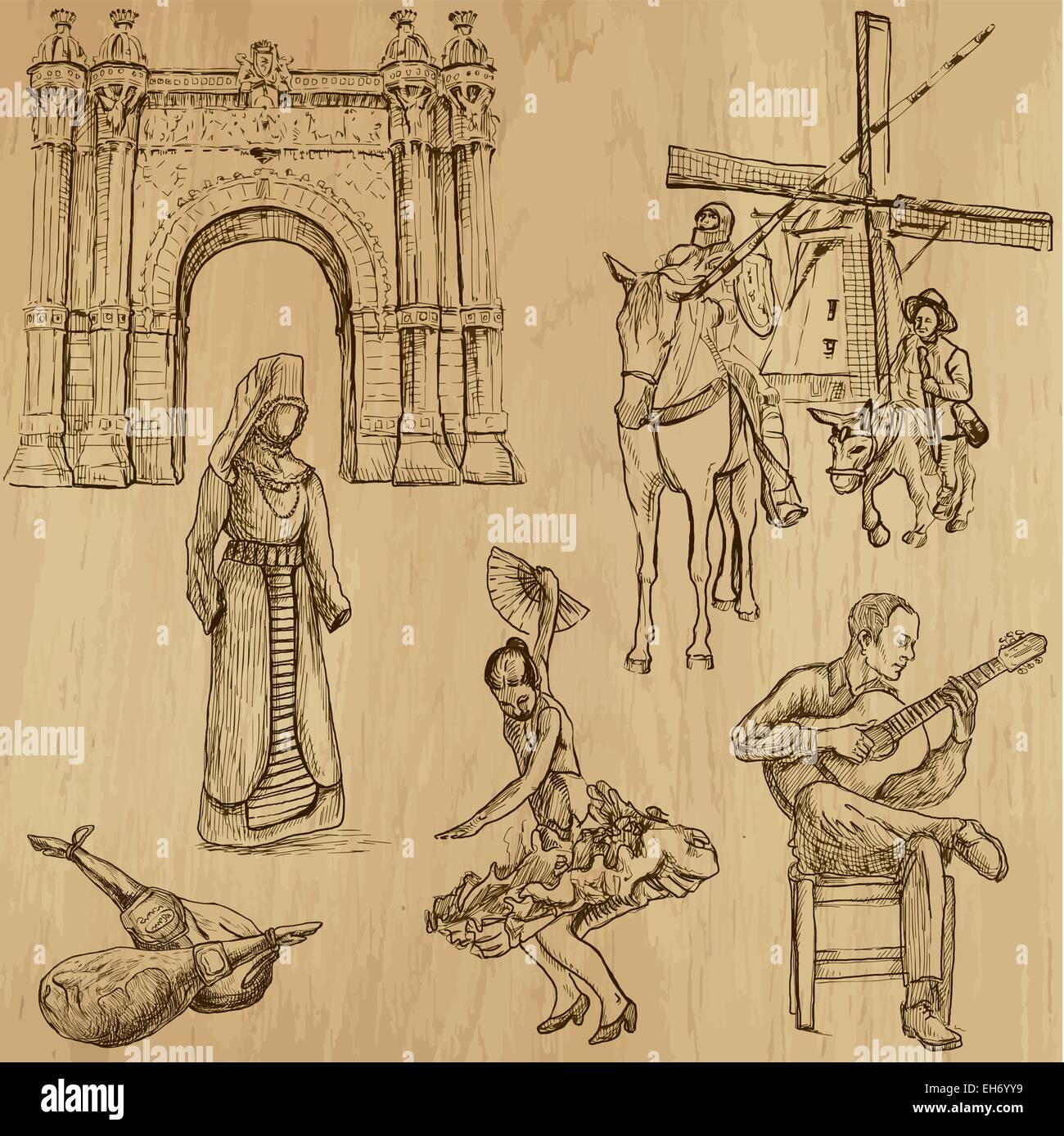 Dalla serie di viaggio: Spagna - raccolta di un disegnati a mano illustrazioni. Illustrazione Vettoriale