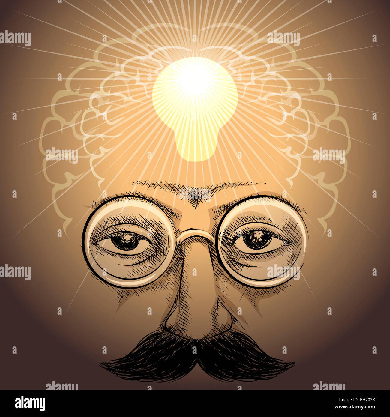 Illustrazione con la faccia di scienziato e lampada illumina la sua intelligenza interna come metafora di scoperta disegnato in uno stile rétro Foto Stock
