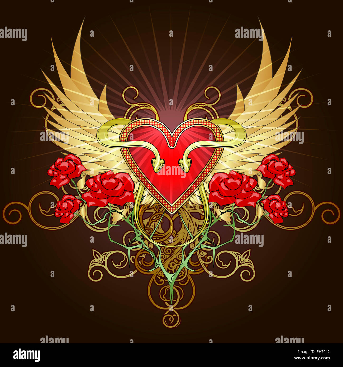 Stemma con una forma di cuore shield , due serpenti e le rose contro golden wings disegnato in tatuaggio stile di disegno Foto Stock