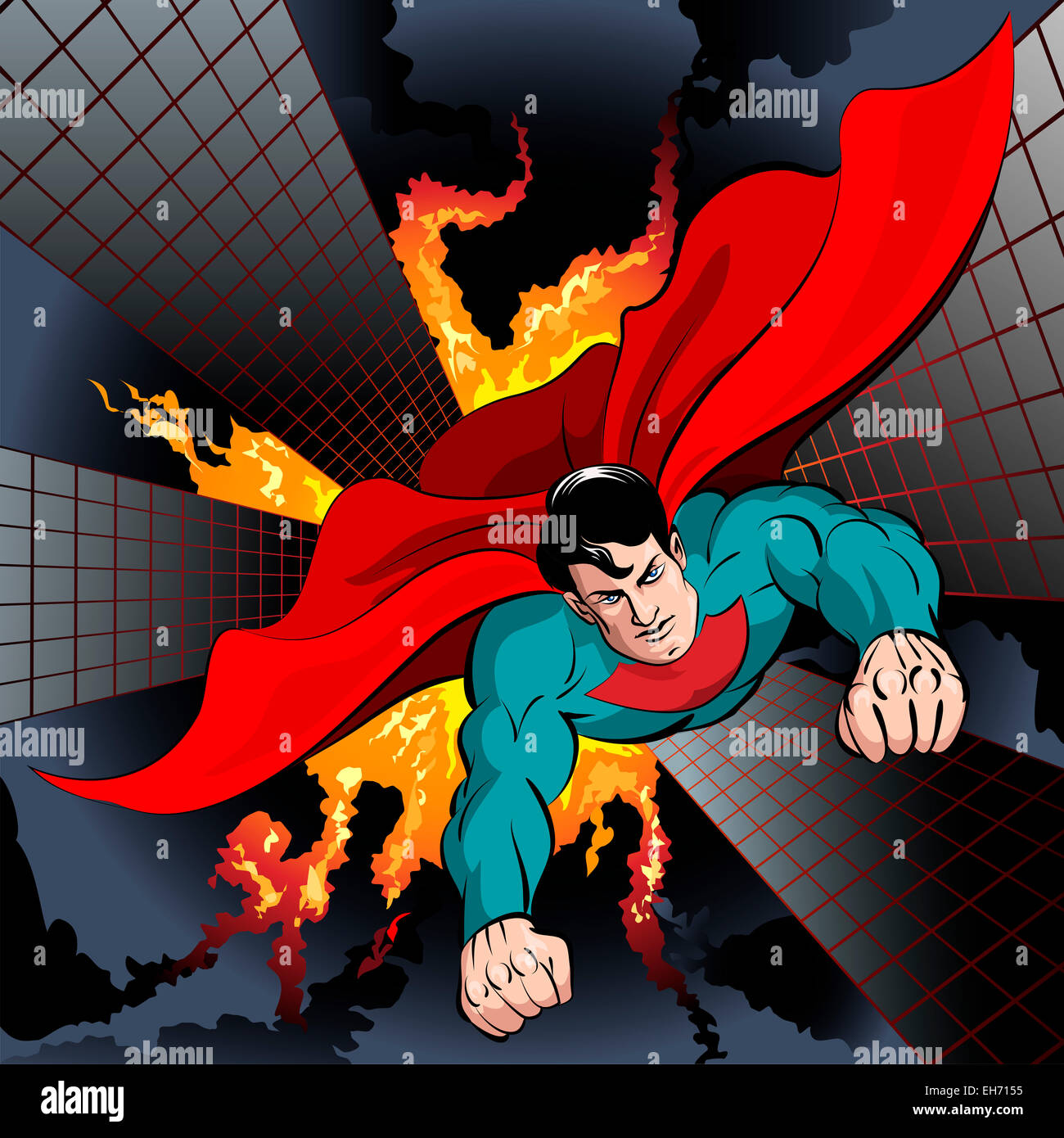 Illustrazione con il supereroe battenti per la lotta alla criminalità e proteggere la città disegnata in stile fumetto Foto Stock