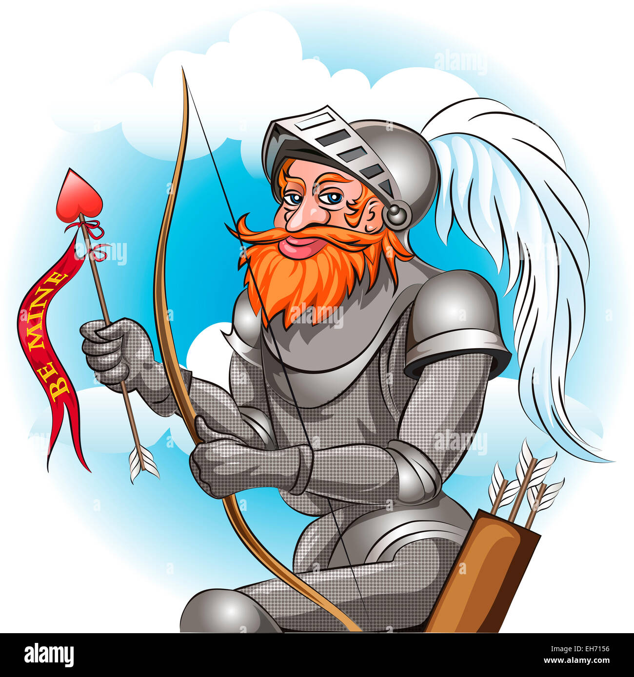 Cavaliere in armatura con arco e frecce pronti ad inviare il messaggio di amore alla sua fanciulla disegnato in stile cartoon Foto Stock