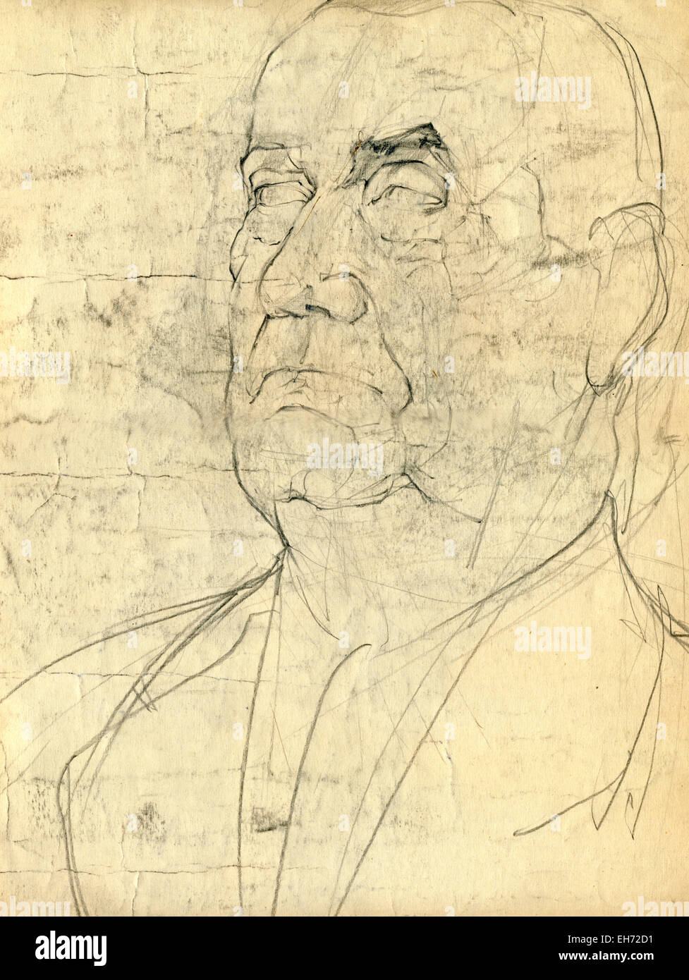 Un disegnati a mano, illustrazione tecnica matita su carta. Volto umano, l'uomo Foto Stock