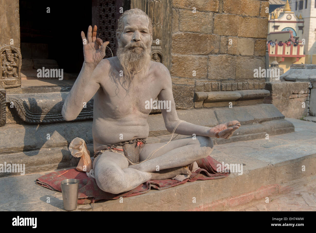 Naga Sadhu, corpo coperto di cenere, Tempio di Pashupatinath, Kathmandu Foto Stock