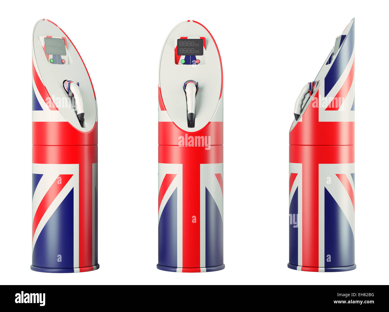 Combustibile Eco: tre stazioni di caricamento con Union Jack flag pattern per le automobili elettriche su bianco Foto Stock