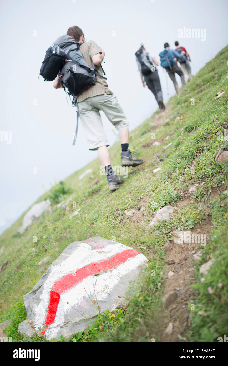 Gli escursionisti sul sentiero, Ovronnaz, Martigny, Vallese, alpi svizzere, Svizzera, Europa Foto Stock