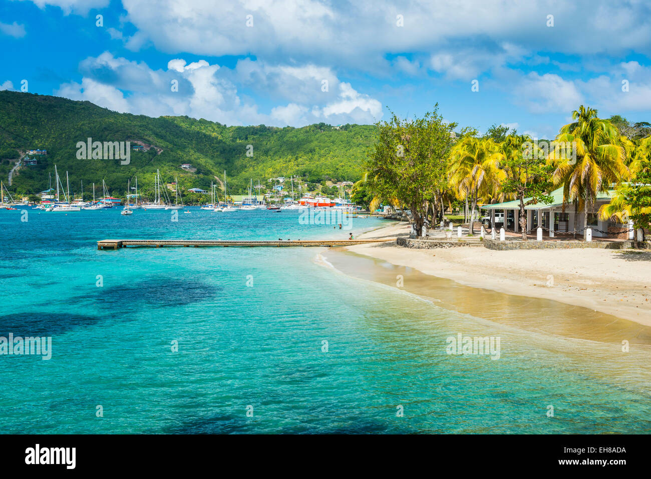 Spiaggia cittadina di Port Elizabeth, Admiralty Bay, Bequia, Grenadine, isole Windward, West Indies, dei Caraibi Foto Stock