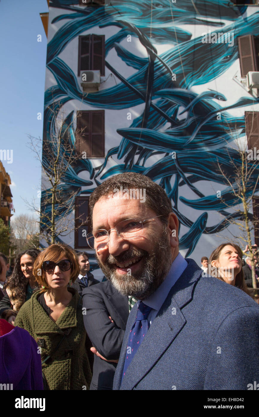 Roma, Italia. 09Mar, 2015. Inaugurazione del museo a cielo aperto di arte urbana a Tor Marancia, Roma, con il grande Ignazio Marino Credito: Francesco Gustincich/Alamy Live News Foto Stock