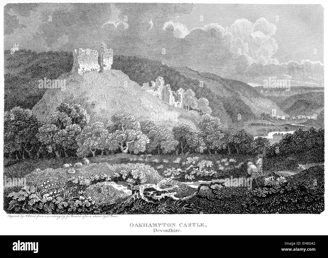 Un'incisione del Castello di Oakhampton, Devonshire (Okehampton) scansionata ad alta risoluzione da un libro stampato nel 1803. Creduto libero di copyright. Foto Stock