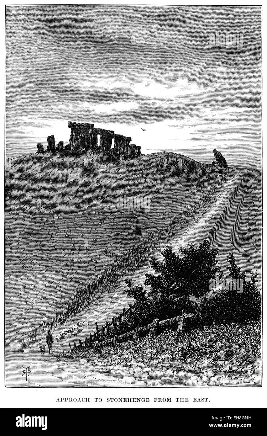 Una incisione dell'approccio a Stonehenge da est scansionati ad alta risoluzione da un libro stampato nel 1880. Foto Stock
