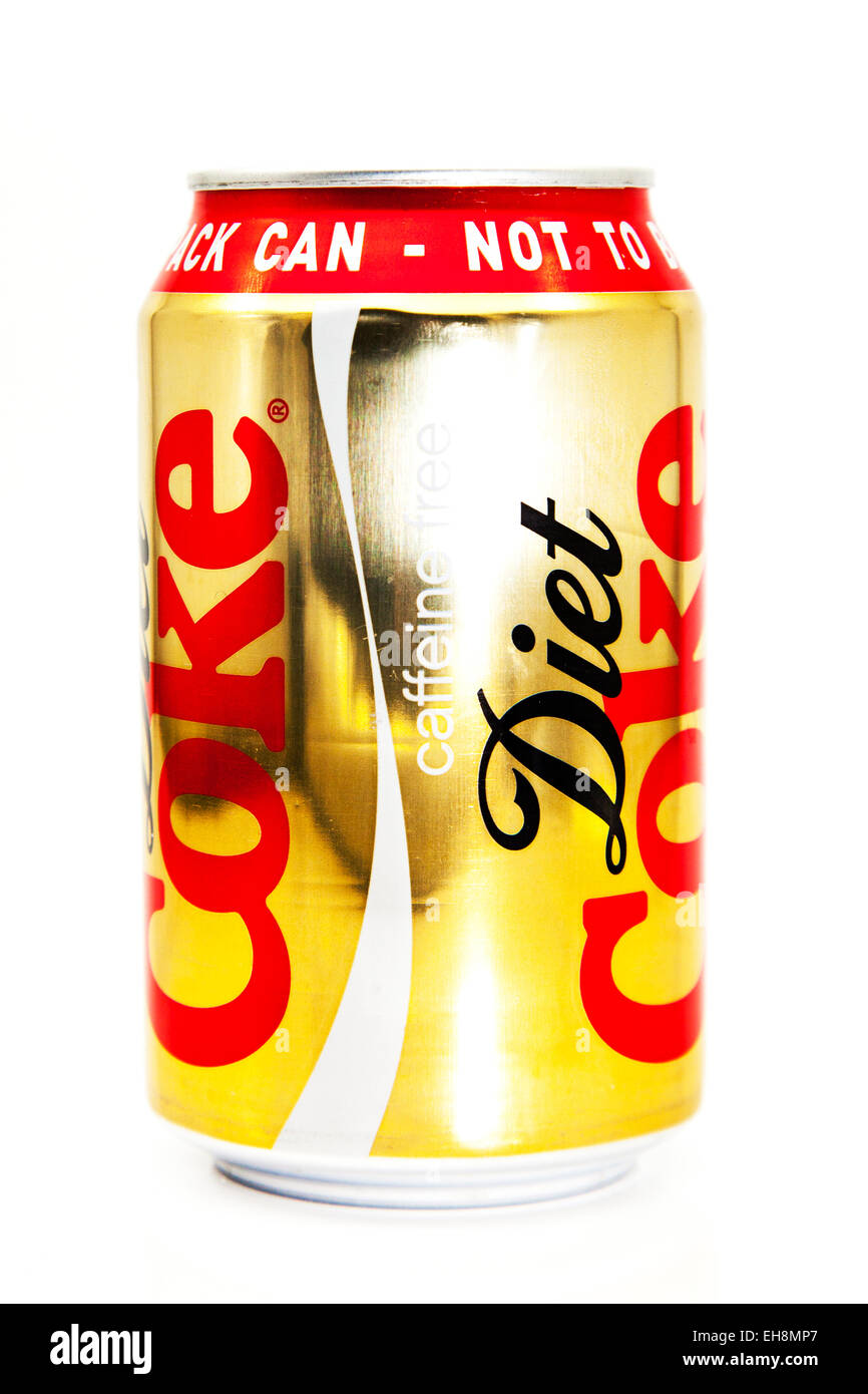 La Diet Coke caffeina libera può di pop bevanda frizzante coca cola stagno logo stagnato prodotto ritaglio sfondo bianco copia spazio isolato Foto Stock