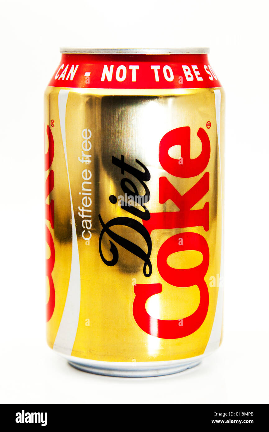 La Diet Coke caffeina libera la coca cola può di pop bevanda frizzante stagno logo stagnato prodotto ritaglio sfondo bianco copia spazio isolato Foto Stock