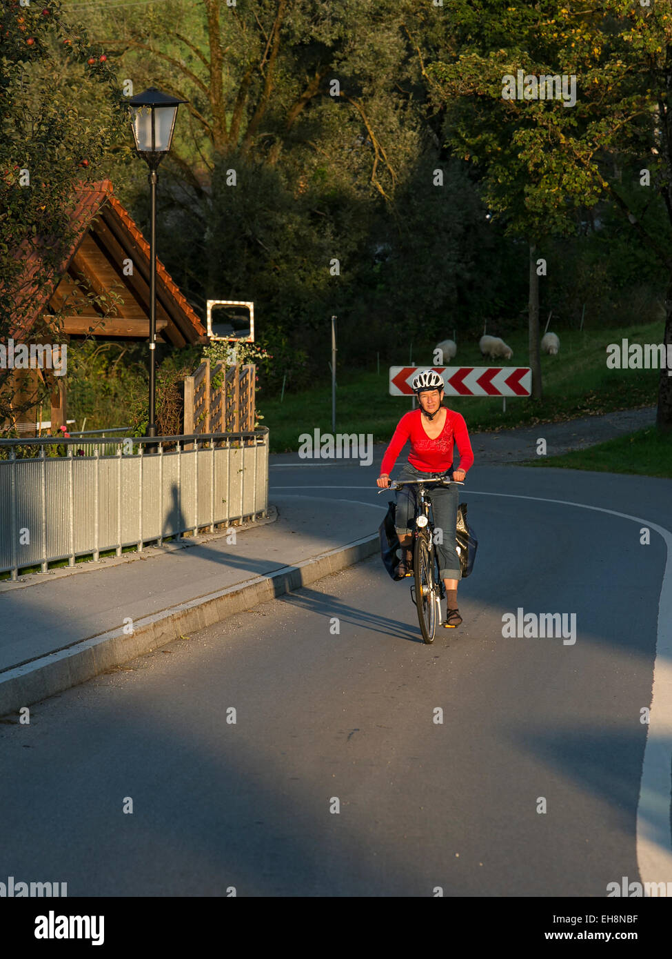 Donna tedesca sulla bicicletta salita Foto Stock