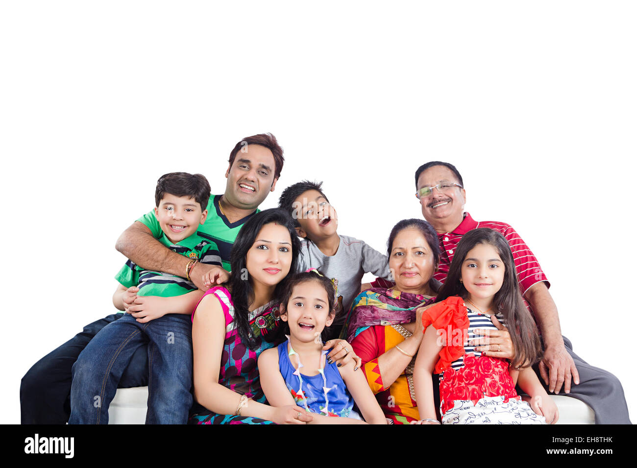 Gruppo indiano folle grand genitori famiglia comune divano Foto Stock