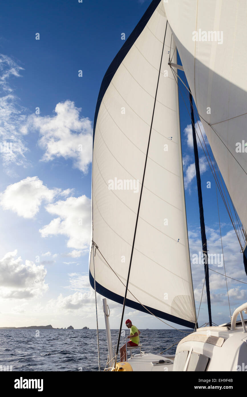 Catamarano a vela, sul retro Pointe des Chateaux, Grande Terre Guadalupa Foto Stock