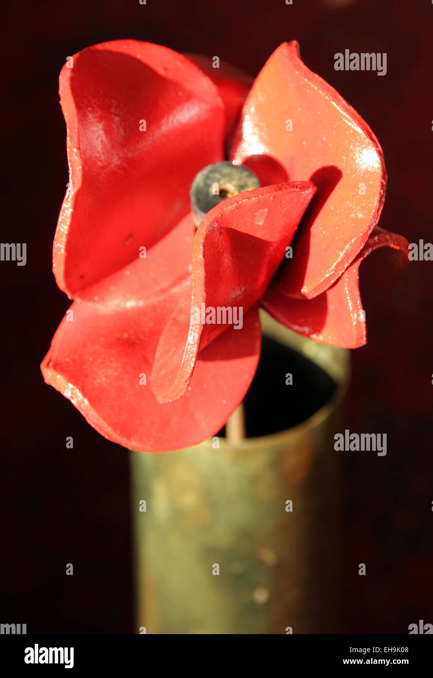 Commemorazione di papavero in ceramica in ottone guerra mondiale guscio di artiglieria Foto Stock