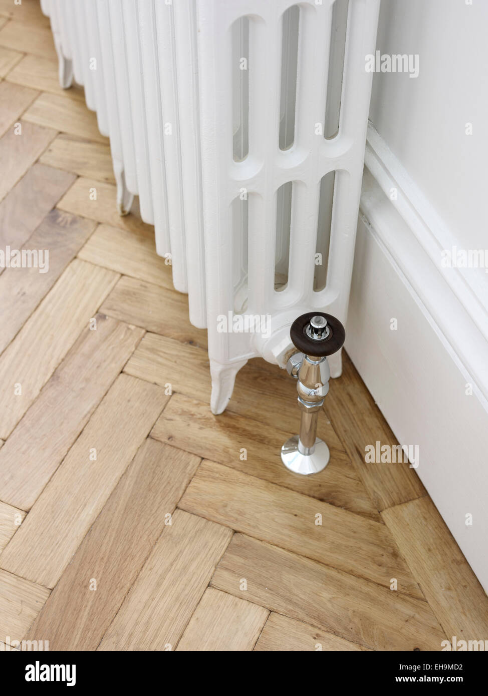 Radiatore bianco e parquet a spina di pesce, pavimento in legno, casa residenziale, Porto Hall Street, Brighton East Sussex, Regno Unito Foto Stock